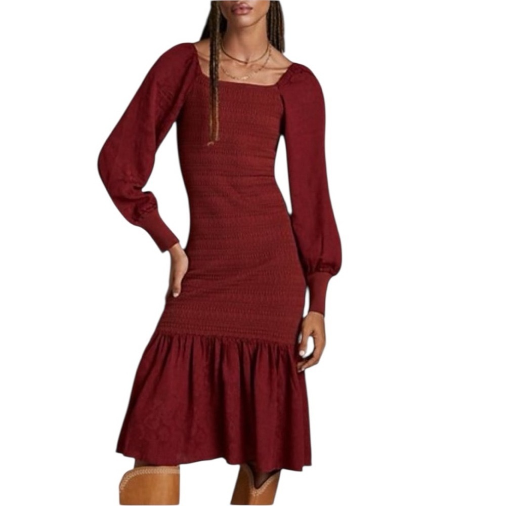 Anthropologie - Smocked Midi Dress Puff Sleeve Flounce Hem Burgundy Sz L